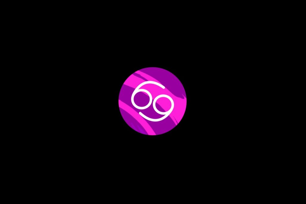 Ilustração do signo de câncer, dentro de um círculo rosa, sobre um fundo preto
