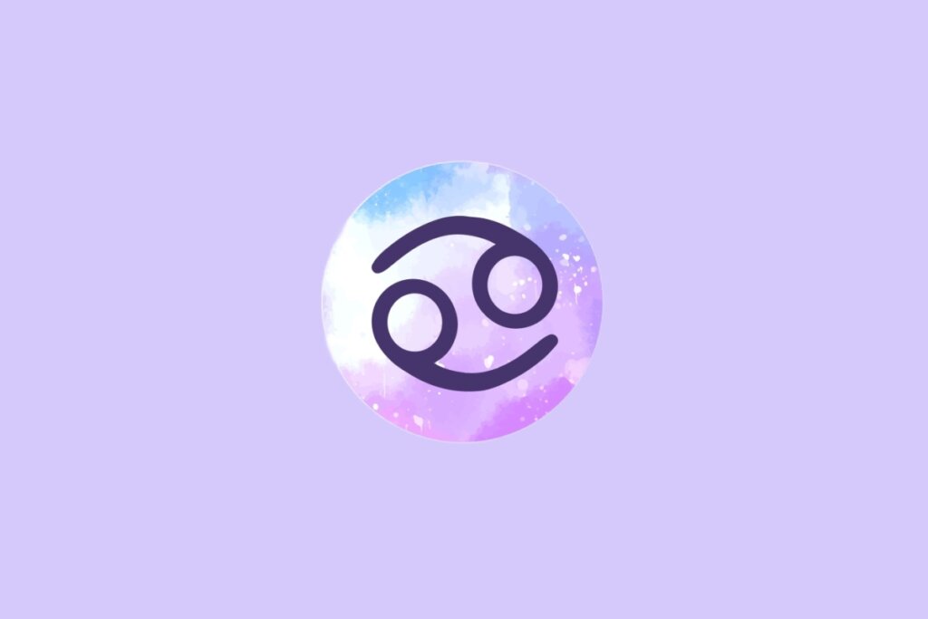Imagem do signo de Câncer, com um símbolo formado por duas curvas que se assemelham a números 6 e 9 conectados,  centralizado em um fundo em tons suaves de roxo e azul