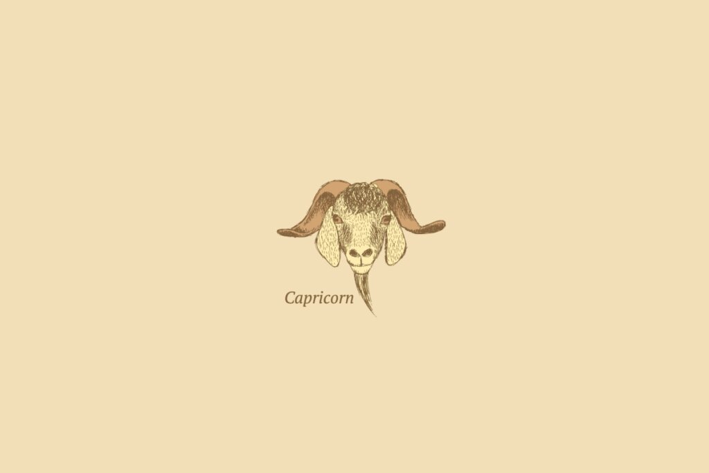 Ilustração do signo de capricórnio centralizado, com o nome do signo embaixo, em um fundo amarelo