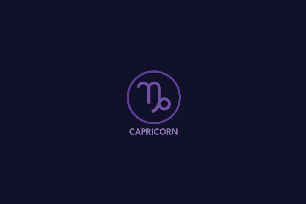 Ilustração do signo de capricórnio na cor roxa, com círculo roxo ao redor e o nome do signo abaixo, sobre um fundo roxo