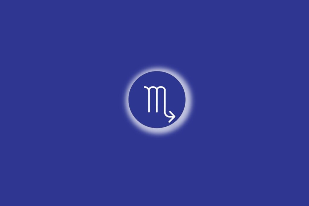 Ilustração do signo de escorpião em um círculo azul, com luz branca ao redor, sobre um fundo azul