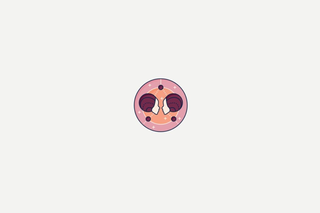 Ilustração de duas cabeças dentro de um círculo rosa representando o signo de gêmeos sobre fundo cinza