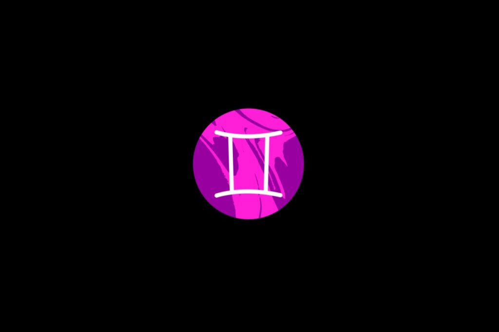 Ilustração do signo de gêmeos, dentro de um círculo rosa, sobre um fundo preto