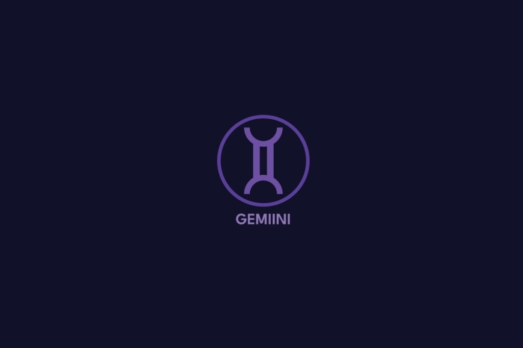 Ilustração do signo de gêmeos na cor roxa, com círculo roxo ao redor e o nome do signo abaixo, sobre um fundo roxo