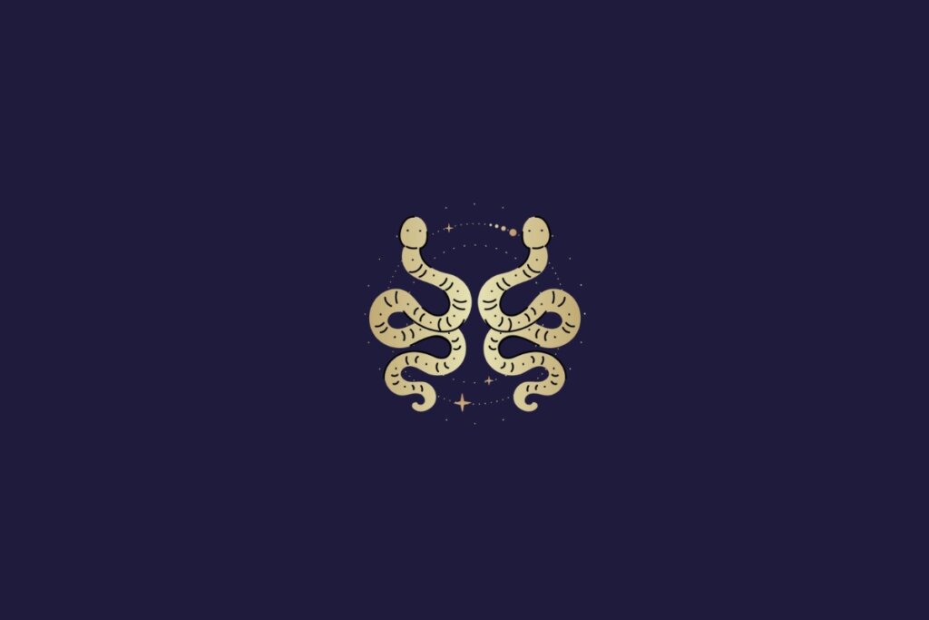 Ilustração dourada de duas cobras representando o signo de gêmeos sobre fundo azul-escuro