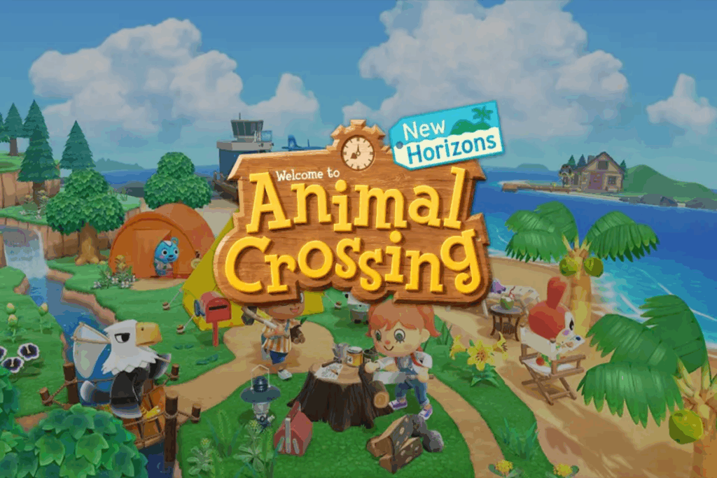 Ilustração de uma ilha com personagens de animais e humanos construindo uma comunidade e com o nome do jogo amarelo, marrom e azul