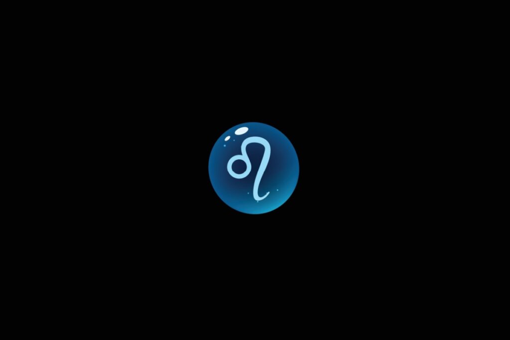 Ilustração do signo de leão dentro de uma bolha azul sobre um fundo preto