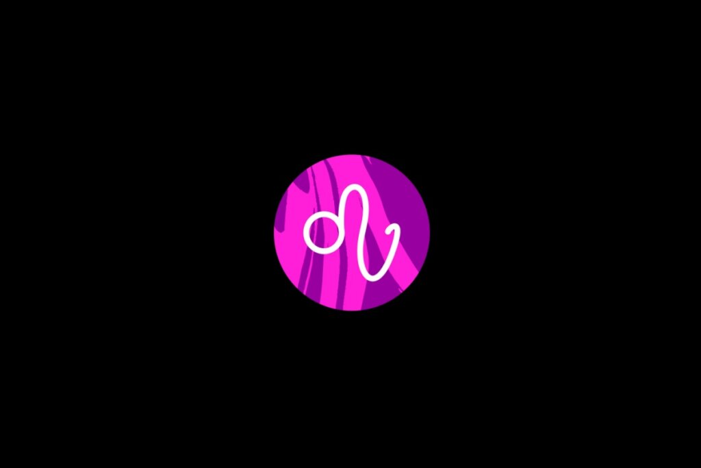 Ilustração do signo de leão, dentro de um círculo rosa, sobre um fundo preto