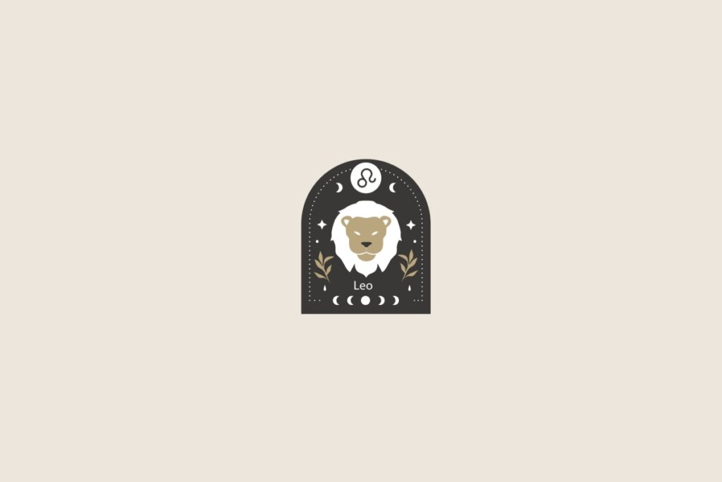 Símbolo estilizado do signo de Leão sobre um formato de arco preto. O fundo geral é bege-claro