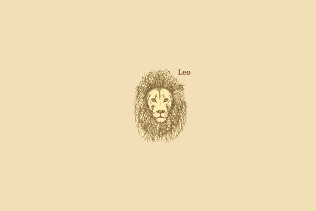 Ilustração do signo de leão centralizado, com o nome do signo embaixo, em um fundo amarelo