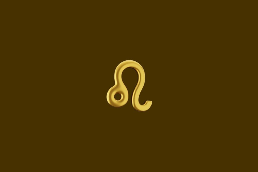 Ilustração dourada do símbolo do signo de Leão em um fundo marrom