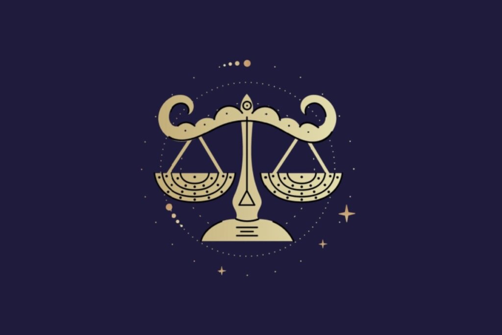 Ilustração dourada de balança representando o signo de libra sobre fundo azul-escuro