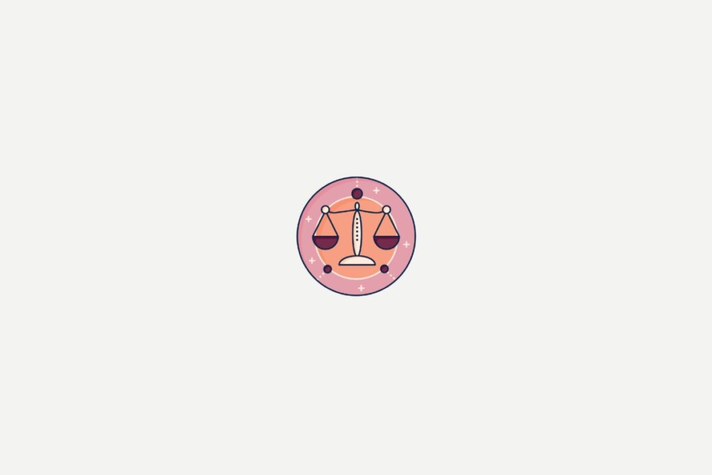 Ilustração de uma balança dentro de um círculo rosa representando o signo de libra sobre fundo cinza