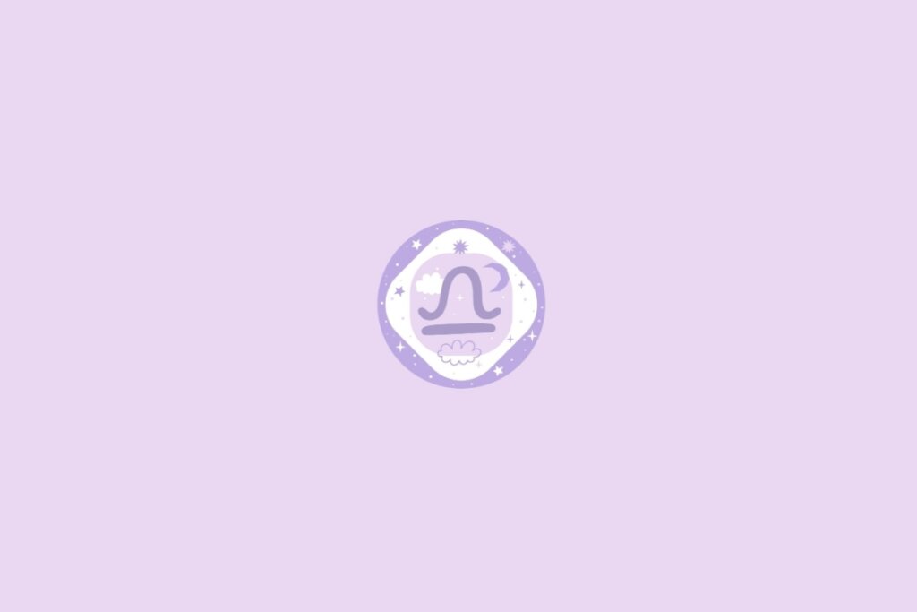 Imagem com fundo lilás com círculo roxo trazendo o símbolo de libra e detalhes de nuvens, estrelas e lua