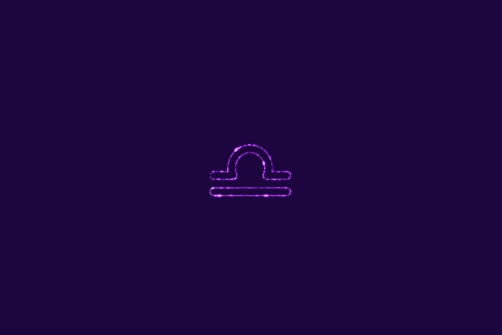Ilustração do signo de libra na cor roxa, centralizado em um fundo da mesma cor