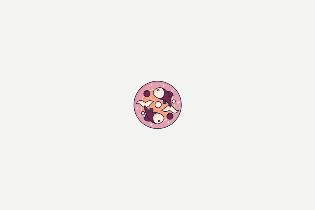 Ilustração de dois peixes dentro de um círculo rosa representando o signo de peixes sobre fundo cinza