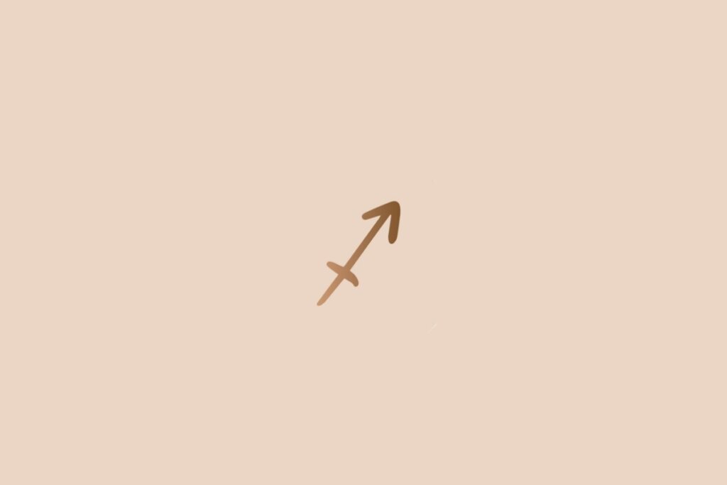 Ilustração do signo de Sagitário na cor marrom em um fundo bege-claro