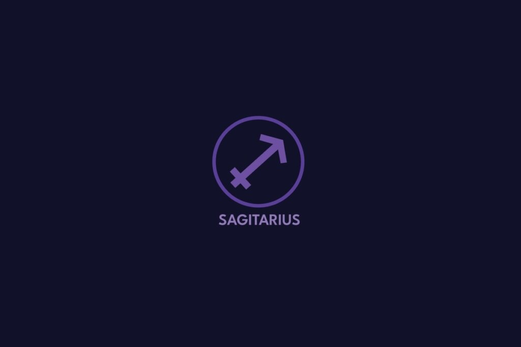 Ilustração do signo de sagitário na cor roxa, com círculo roxo ao redor e o nome do signo abaixo, sobre um fundo roxo