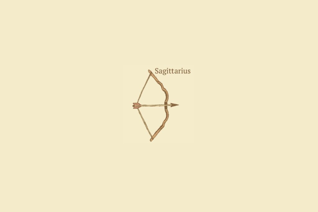 Ilustração do signo de sagitário centralizado, com o nome do signo embaixo, em um fundo amarelo