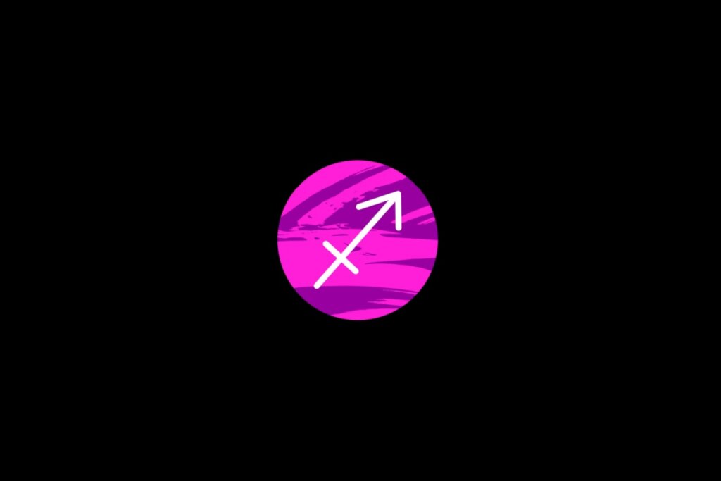 Ilustração do signo de sagitário, dentro de um círculo rosa, sobre um fundo preto