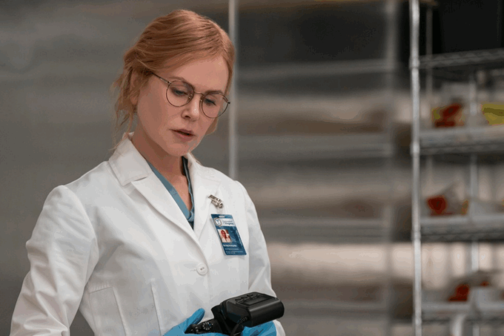Mulher com cabelo ruivo preso, usando óculos preto e jaleco branco de médica legista com câmera na mão. 