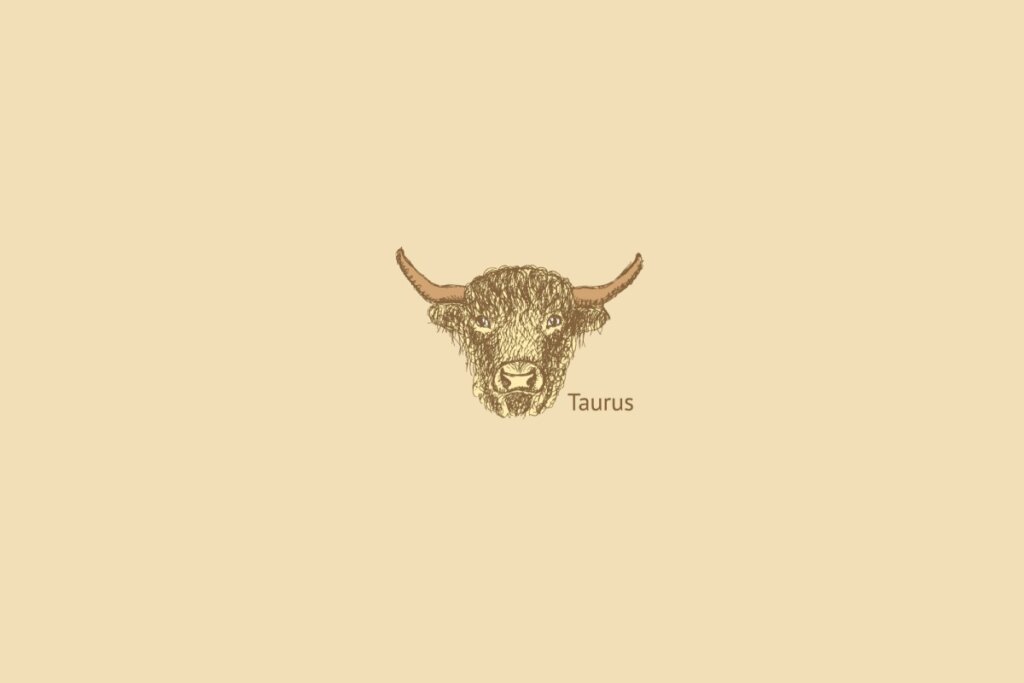Ilustração do signo de touro centralizado, com o nome do signo embaixo, em um fundo amarelo