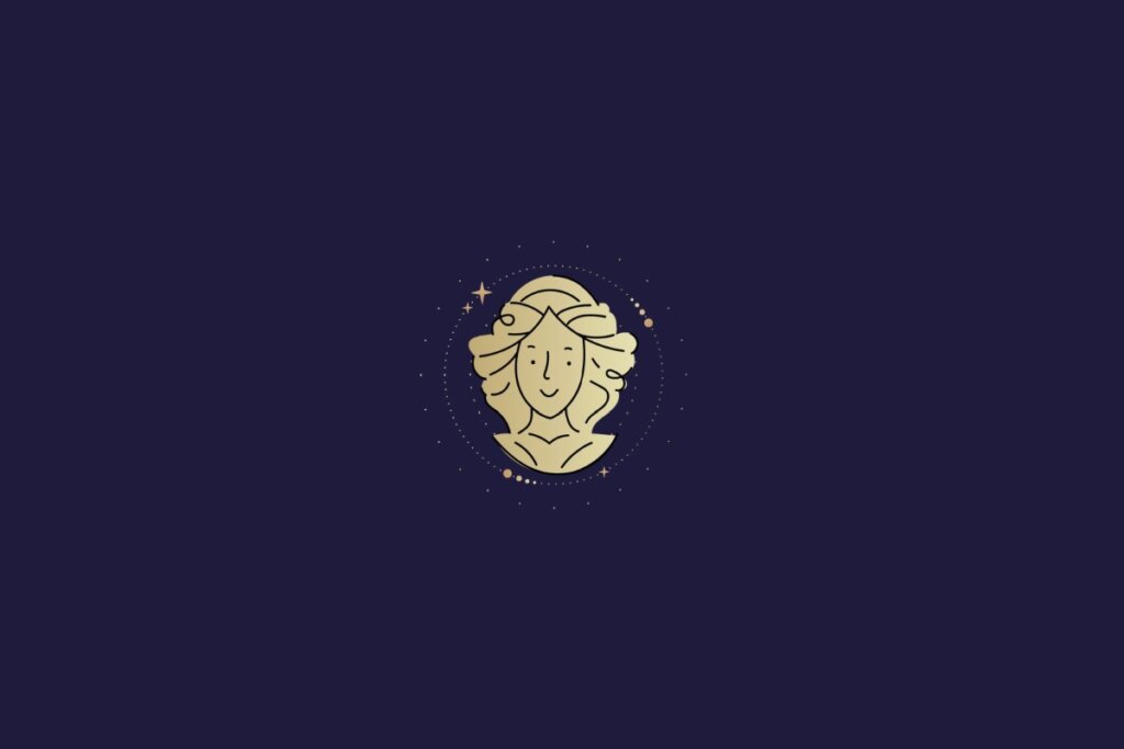 Ilustração dourada de cabeça de mulher representando o signo de virgem sobre fundo azul-escuro