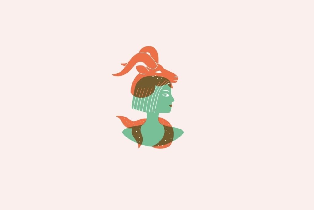 Ilustração do signo de Capricórnio contendo uma mulher com uma cabra sobre a cabeça em fundo rosa-claro