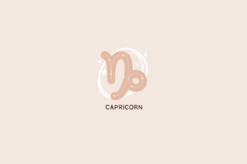 Ícone do signo de Capricórnio representando um símbolo abstrato com traços curvados e pontilhados, além de detalhes de estrelas sobre um fundo rosa-claro
