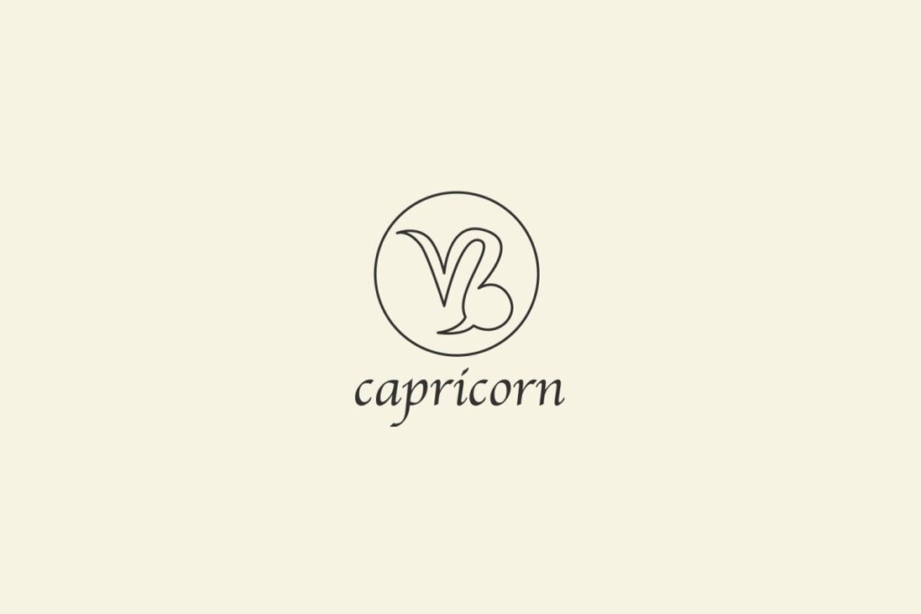 Ilustração do signo de Capricórnio, em fundo bege, contendo símbolo curvo semelhante a um V alongado à esquerda e uma espiral à direita