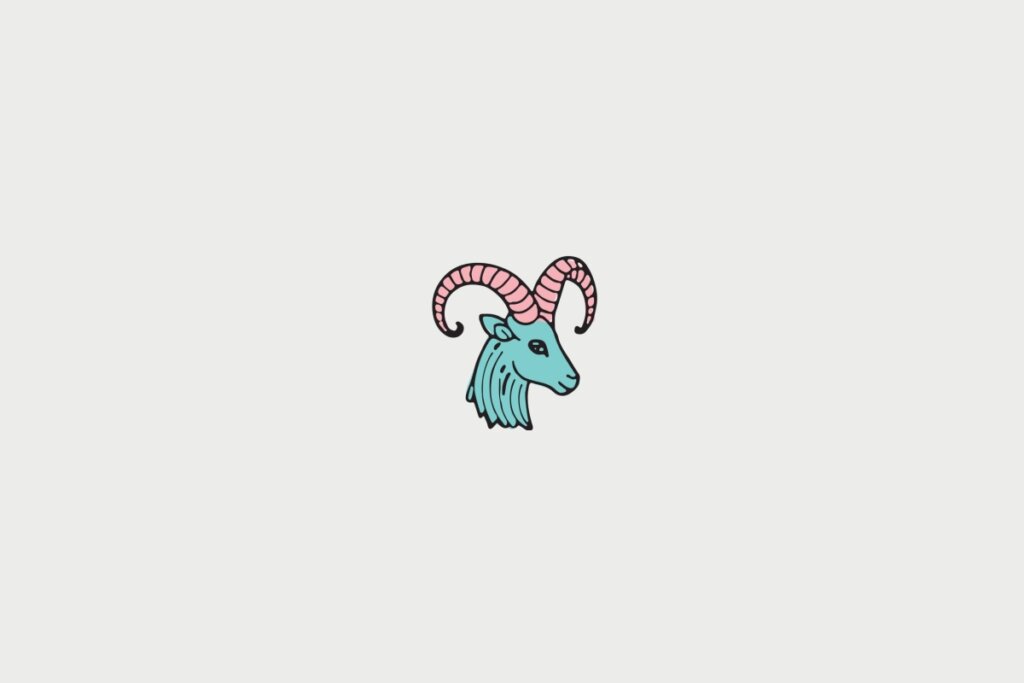 ilustração rosa e azul de cabeça de cabra representando o signo de capricórnio sobre fundo cinza-claro