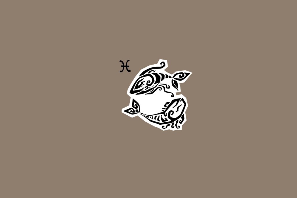 Ilustração do signo de Peixes com dois peixes entrelaçados, ao lado do símbolo do signo, em fundo marrom