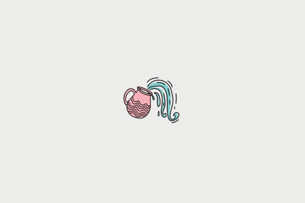 ilustração rosa e azul de jarro saindo água representando o signo de aquário sobre fundo cinza-claro