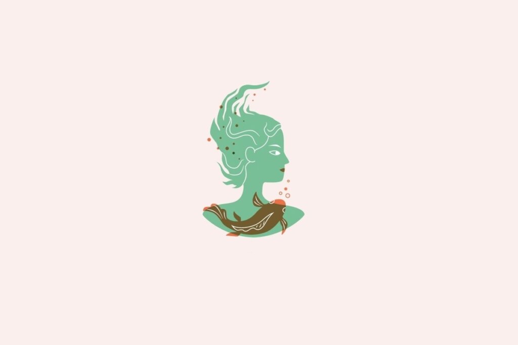 Ilustração do signo de Peixes contendo uma mulher com dois peixe perto do pescoço em fundo rosa-claro