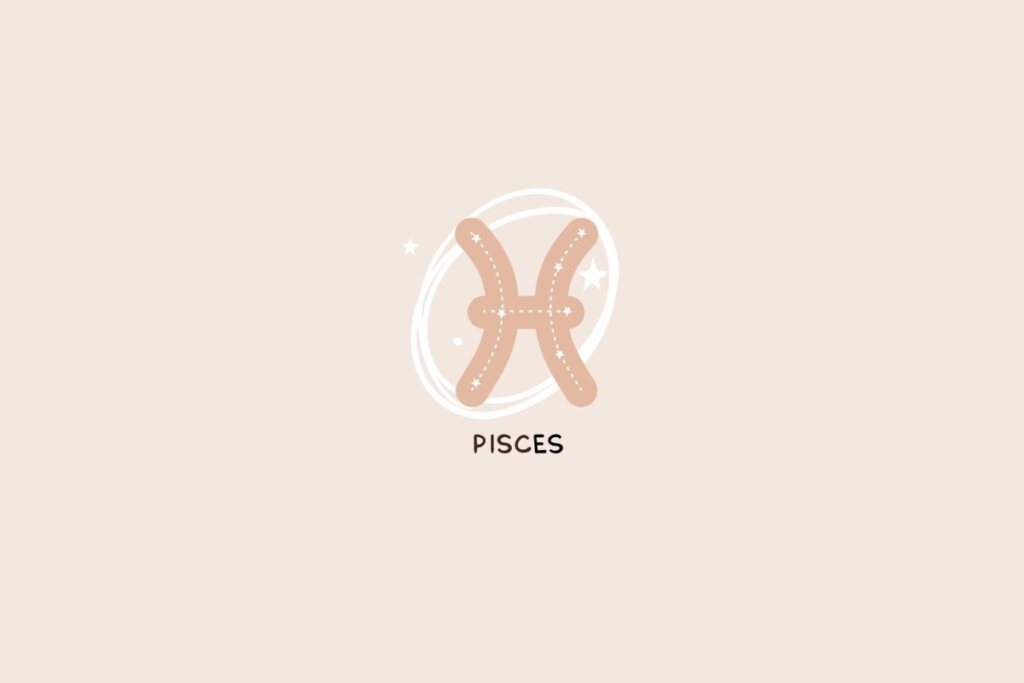 Símbolo de Peixes representado por dois arcos voltados em direções opostas e conectados ao centro, com pequenas estrelas ao fundo sobre um fundo rosa-claro