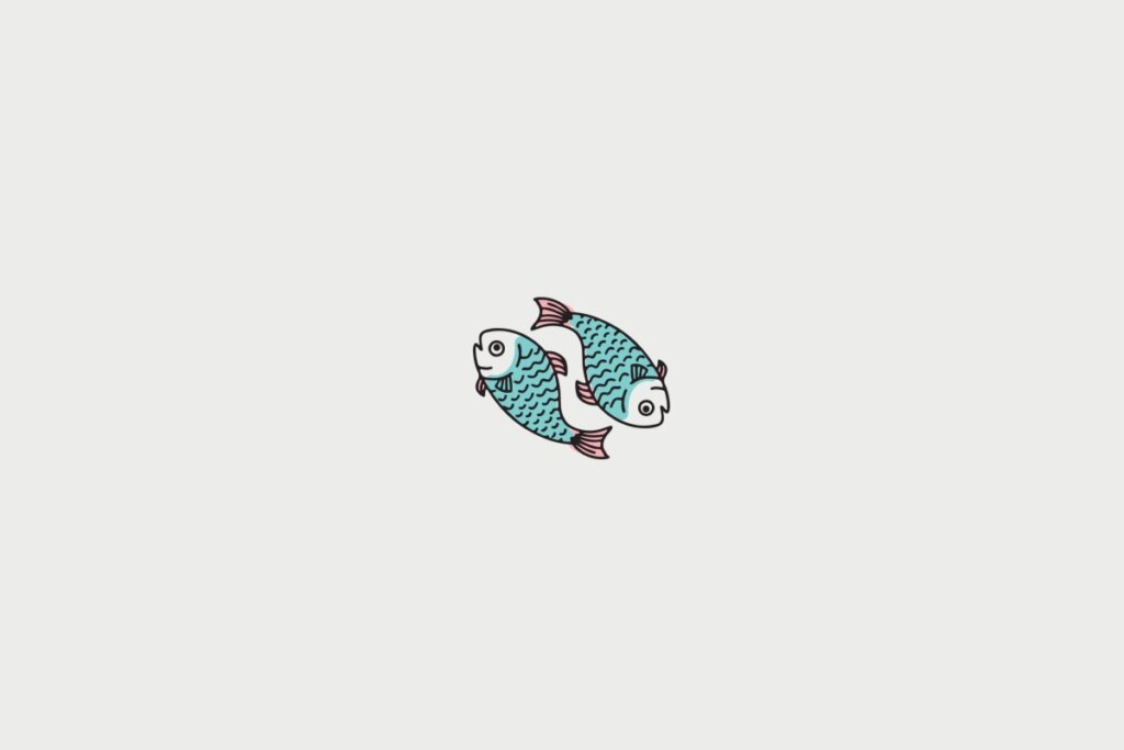 ilustração rosa e azul de dois peixes representando o signo de peixes sobre fundo cinza-claro