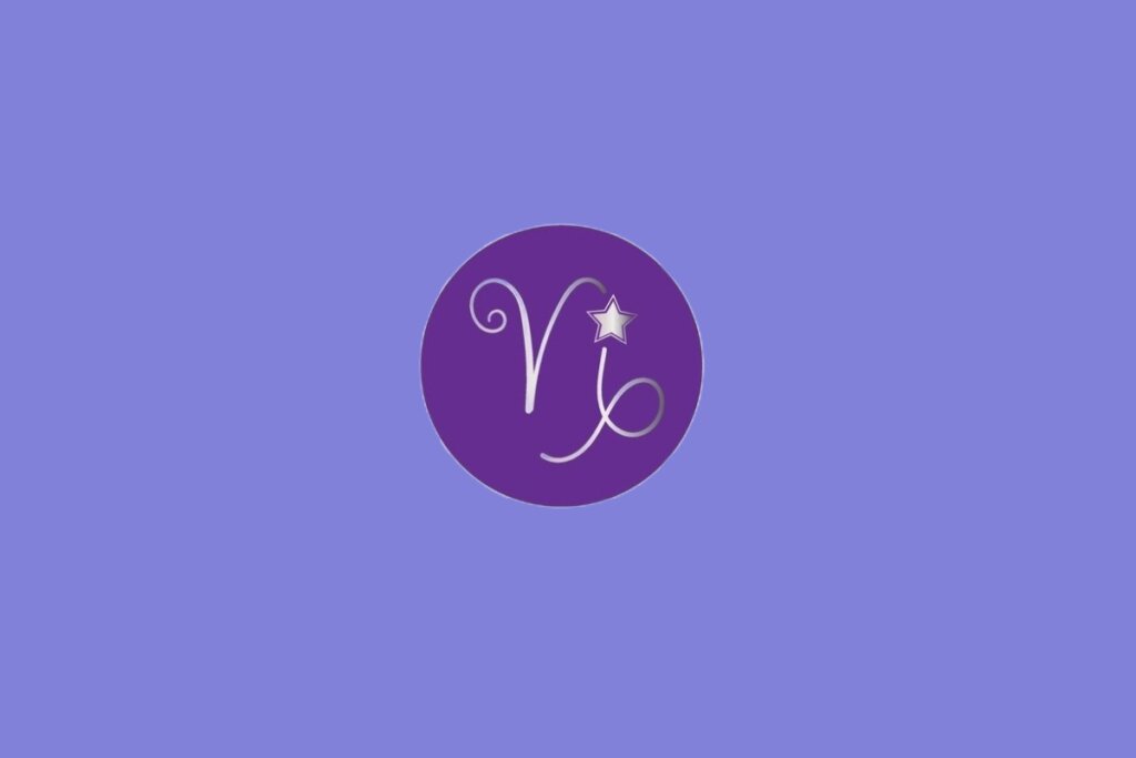 Ilustração do signo de Capricórnio, contendo símbolo com traços curvos e espiral inferior formando estrutura estilizada com estrela, em fundo roxo