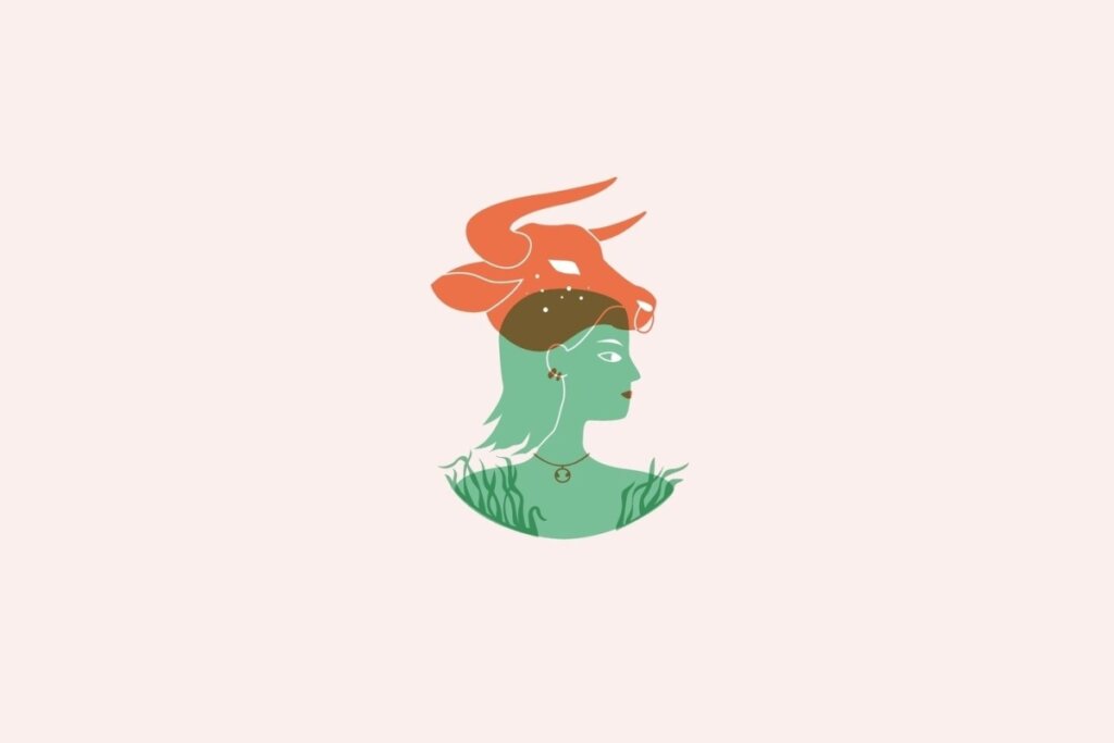 Ilustração do signo de Touro contendo uma mulher com um touro sobre a cabeça em fundo rosa-claro