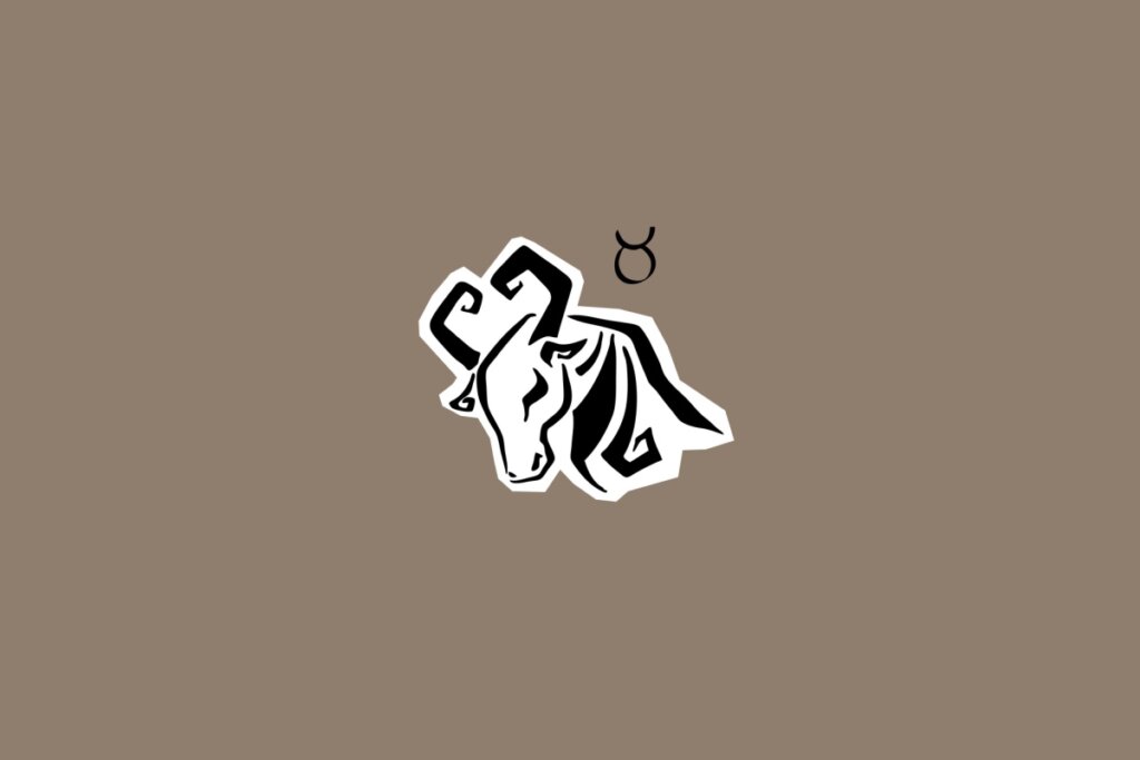 Ilustração do signo de Touro com um touro estilizado de chifres curvados, ao lado do símbolo do signo, em fundo marrom