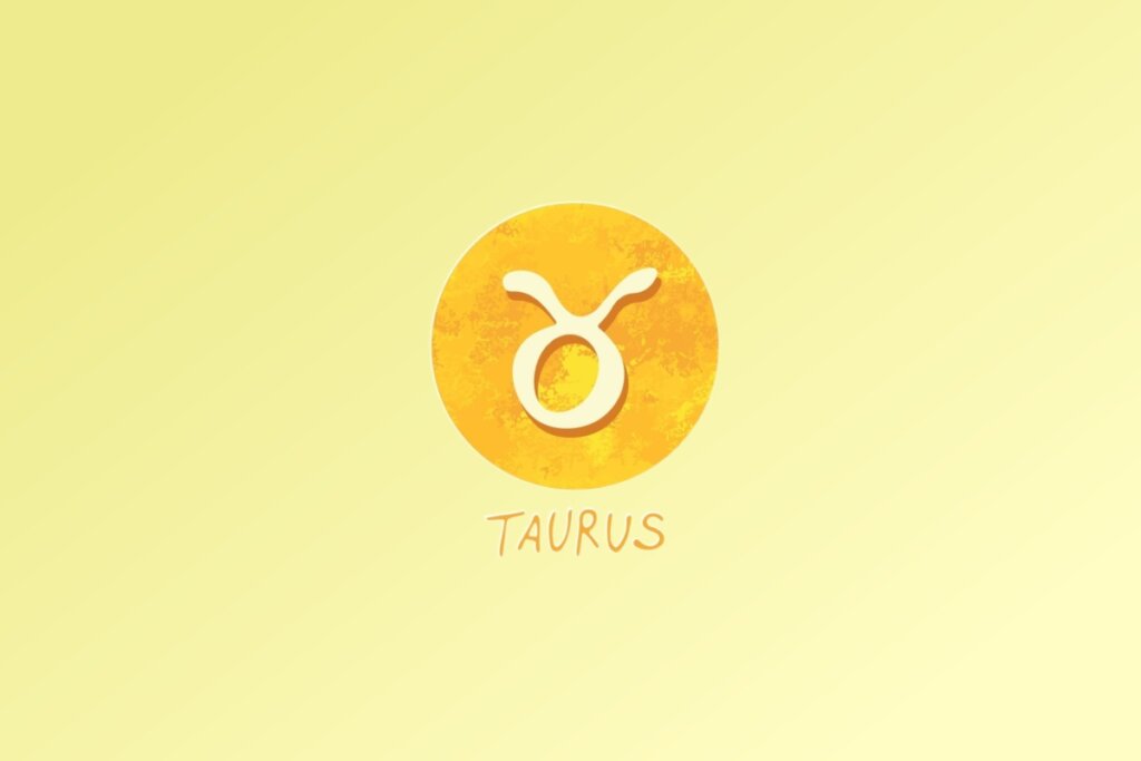Ilustração do signo de Touro, com símbolo representado por um círculo com dois chifres curvos voltados para cima, em fundo amarelo