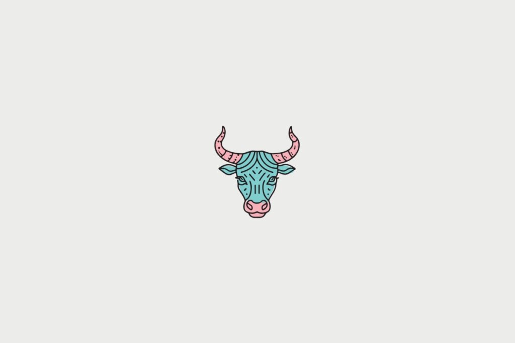 ilustração rosa e azul de cabeça de touro representando o signo de touro sobre fundo cinza-claro