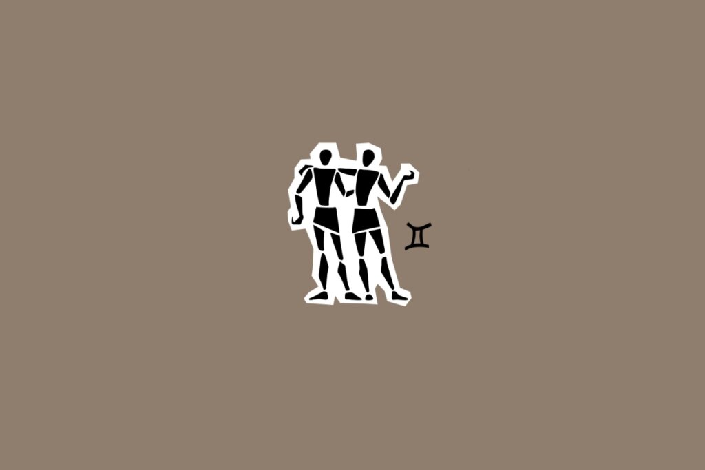 Ilustração do signo de Gêmeos com duas figuras humanas gêmeas, ao lado do símbolo do signo, em fundo marrom