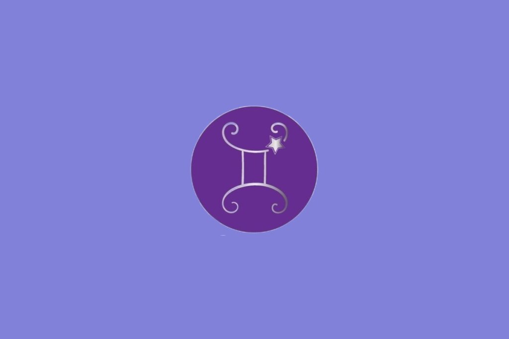 Ilustração do signo de Gêmeos, contendo símbolo de duas linhas paralelas com curvas e estrela ao lado, em fundo roxo