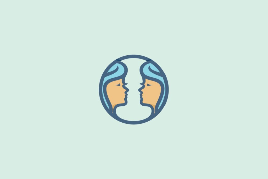 Ilustração do signo de Gêmeos com dois rostos estilizados voltados um para o outro
