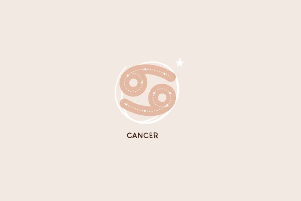Ícone do signo de Câncer formado por dois espirais simétricos interligados, traços pontilhados e detalhes de estrelas sobre um fundo rosa-claro