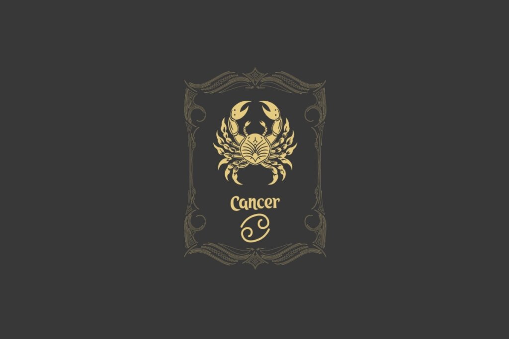 Ilustração do signo de Câncer com um caranguejo dourado estilizado no centro de uma moldura ornamentada sobre fundo cinza-escuro
