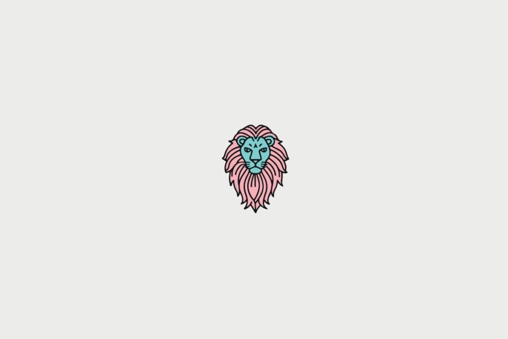 ilustração rosa e azul de cabeça de leão representando o signo de leão sobre fundo cinza-claro