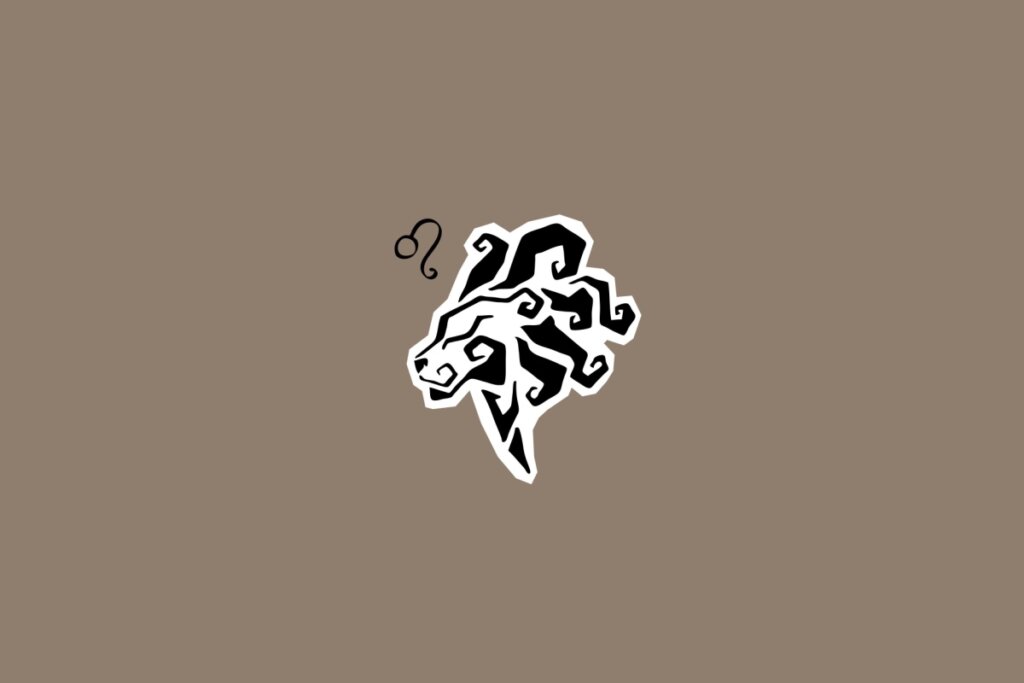 Ilustração do signo de Leão com a cabeça de um leão desenhada com traços curvos e estilizados, ao lado do símbolo do signo, em fundo marrom