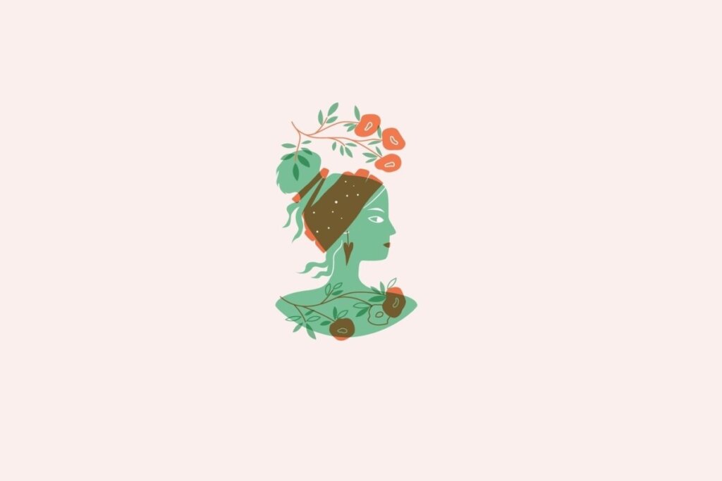 Ilustração do signo de Virgem contendo uma mulher com flores e ramos sobre a cabeça em fundo rosa-claro