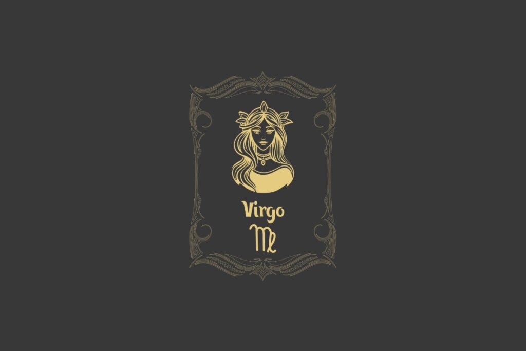 Ilustração do signo de Virgem com a figura de uma mulher dourada, adornada com uma coroa e colar, cercada por uma moldura clássica, em um fundo cinza-escuro